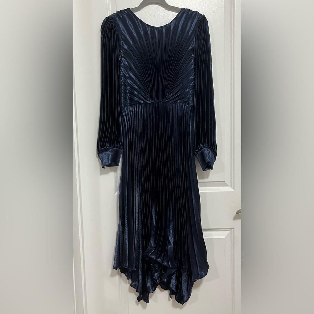 Sandro Paris Navy Pleated Satin Midi Dress Boat Neck V-Back EU 40 M